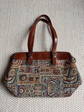 Vintage Tapestry & Leather Italien Shoulder Bag | Woven Boho Abstract Pattern